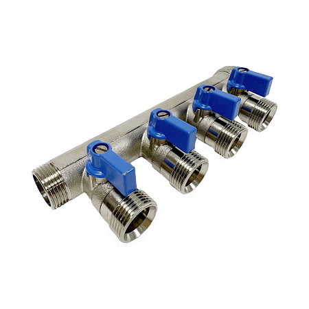 Коллектор HENCO 3/4&quot; с синими шаровыми кранами, 3/4&quot;НР под евроконус, 3/4&quot; - 4xEK14,16,18,20